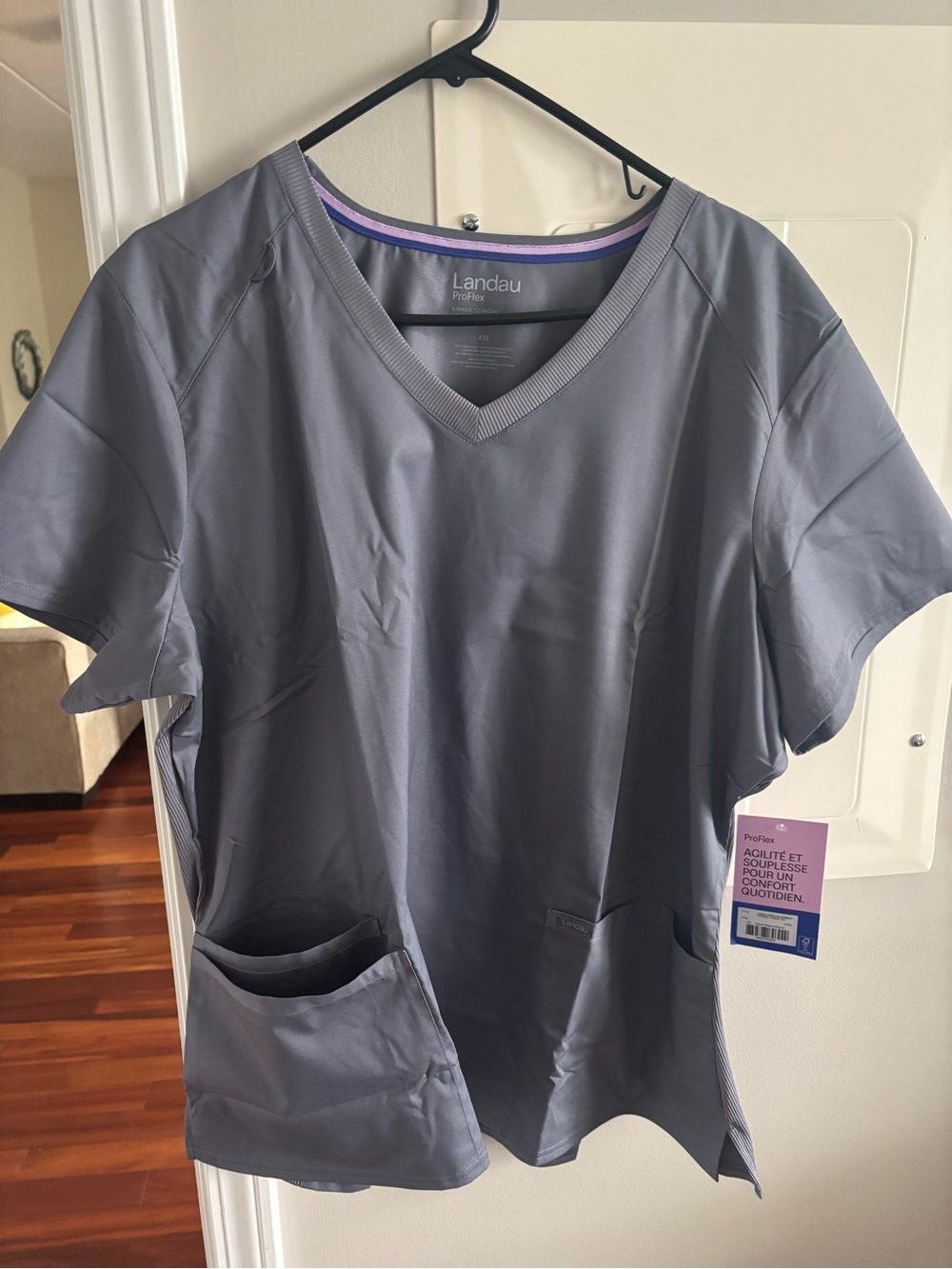 Landau ProFlex Gray Medical Scrub Top with Purple Trim